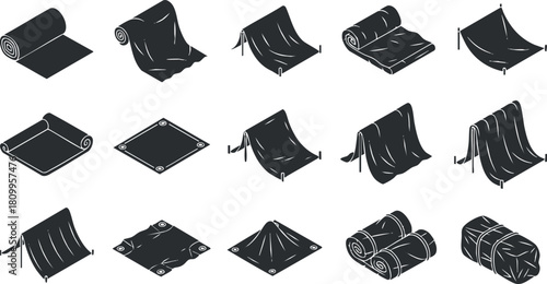 Vector icon set featuring various types of rolled and unfolded fabric, perfect for outdoor gear and camping design projects
