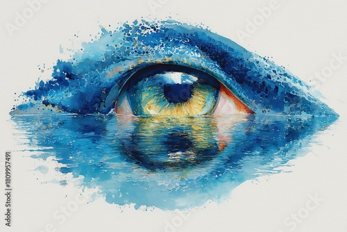 Watercolor human eye reflected in water