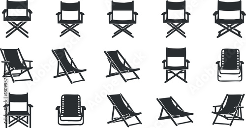 Collection of minimalist vector icons featuring various styles of outdoor chairs for relaxation and leisure use