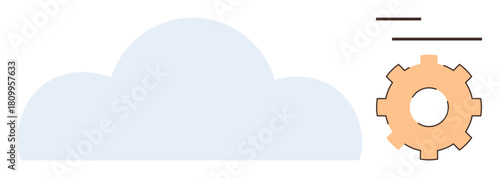 Large blue cloud next to an orange gear with lines. Ideal for technology, innovation, cloud services, connectivity, infrastructure, data management, abstract design. Simple flat metaphor