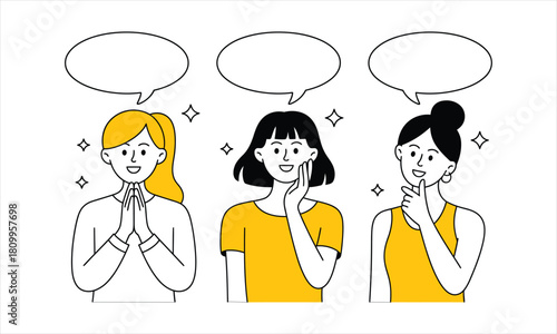 Three friendly diverse women are sharing their thoughts in blank speech bubbles with sparkles