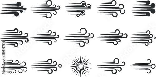 Stylish vector icon set featuring abstract wind symbols and dynamic lines for modern design projects