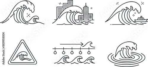 Collection of minimalist line art vector illustrations depicting ocean waves, including city skyline and nautical symbols.