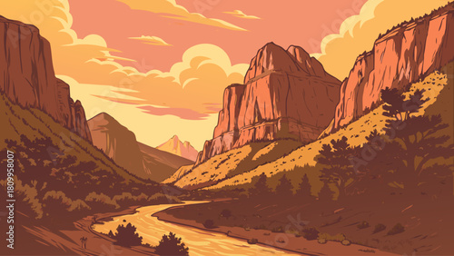 Zion Canyon Retro Sunset Badge – National Park Landscape Vintage Rustic Americana Outdoor Adventure Vector Design