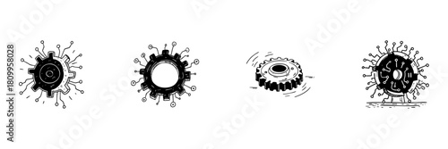 Gear And Circuit Doodle Sketch Set. Technology Integration And Mechanical Innovation In Hand Drawn Style Collection. Engineering And Digital Transformation. Hand Drawn Isolated Vector Illustration