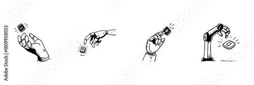 Robotic Hands With Microchips Doodle Sketch Set. Technology And Automation In Hand Drawn Style Collection. Robotics And Ai Integration. Hand Drawn Isolated Vector Illustration