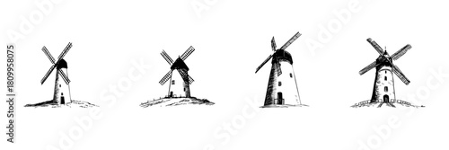 Windmill Doodle Sketch Set. Traditional Wind Energy And Agricultural Heritage In Hand Drawn Style Collection. Vintage Rural Landscape Elements. Isolated Vector Illustration