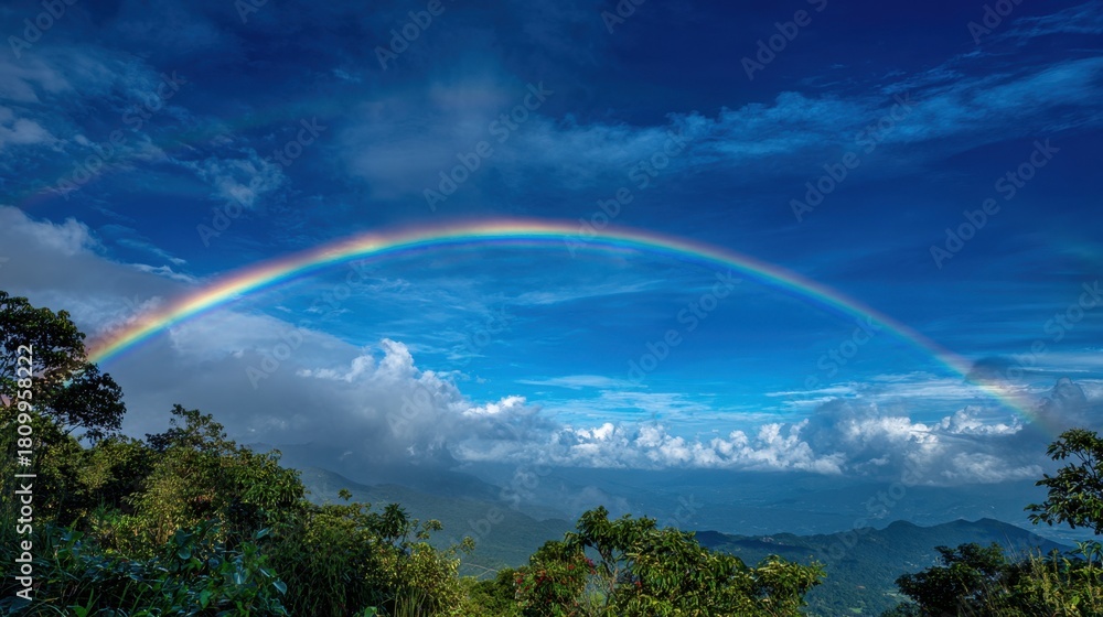 Obraz premium A vibrant rainbow stretches across the sky connecting lush green mountains and bright clouds after rain.