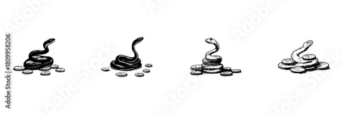 Snake And Coins Doodle Sketch Set. Wealth Protection And Financial Caution Symbolism In Hand Drawn Style Collection. Economic Security And Risk Awareness. Hand Drawn Isolated Vector Illustration