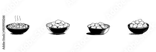 Bowls Of Dumplings Doodle Sketch Set. Traditional Asian Cuisine And Comfort Food In Hand Drawn Style Collection. Culinary Art And Food Illustration. Isolated Vector Illustration