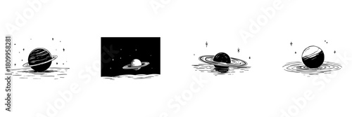 Planet With Rings Doodle Sketch Set. Cosmic Exploration And Celestial Bodies In Hand Drawn Style Collection. Space And Astronomy Theme. Hand Drawn Isolated Vector Illustration