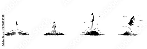 Rocket Launch Sequence Doodle Sketch Set. Space Exploration And Innovation In Hand Drawn Style Collection. Illustrating Progression And Adventure. Hand Drawn Isolated Vector Illustration