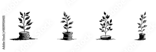 Growing Plant On Coins Doodle Sketch Set. Financial Growth, Investment, And Wealth Accumulation In Hand Drawn Style Collection. Economic Prosperity Concept. Hand Drawn Isolated Vector Illustration