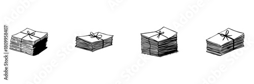 Stacks Of Tied Papers Doodle Sketch Set. Document Organization And Paperwork Management In Hand Drawn Style Collection. Office Supplies And Administrative Tasks. Isolated Vector Illustration