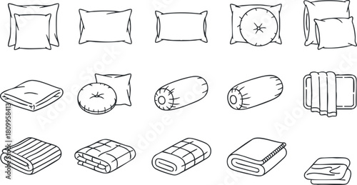 Outline vector icon set of various pillows and blankets for home decor and interior design projects