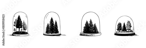 Glass Dome Forest Terrarium Doodle Sketch Set. Miniature Nature Conservation And Eco-Friendly Decor In Hand Drawn Style Collection. Botanical And Environmental Awareness. Isolated Vector Illustration