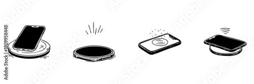 Wireless Charging Technology Doodle Sketch Set. Smartphone Charging Pad And Device Interaction In Hand Drawn Style Collection. Modern Convenience And Innovation. Isolated Vector Illustration