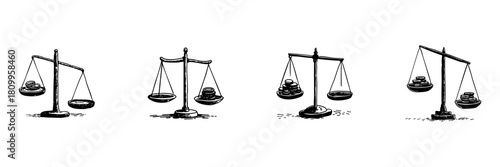 Balance Scales With Coins Doodle Sketch Set. Financial Weighing, Investment Decisions, And Economic Balance In Hand Drawn Style Collection. Monetary Evaluation. Hand Drawn Isolated Vector Illustration