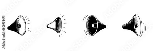 Megaphone Doodle Sketch Set. Amplification, Communication, And Public Announcement In Hand Drawn Style Collection. Sound Projection And Voice Broadcasting. Hand Drawn Isolated Vector Illustration