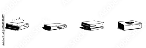 Set-Top Box And Media Player Doodle Sketch Set. Home Entertainment And Streaming Devices In Hand Drawn Style Collection. Technology And Connectivity. Hand Drawn Isolated Vector Illustration