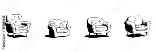 Armchair Collection Doodle Sketch Set. Cozy Seating And Interior Design Elements In Hand Drawn Style Collection. Comfortable Living Room Furniture. Hand Drawn Isolated Vector Illustration