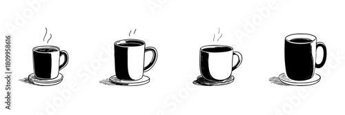 Four Coffee Mugs Doodle Sketch Set. Beverage Enjoyment And Relaxation In Hand Drawn Style Collection. Different Mug Sizes And Steam Indicating Freshness. Isolated Vector Illustration