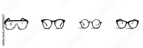 Eyeglasses Variety Doodle Sketch Set. Fashionable Eyewear Styles And Optical Accessories In Hand Drawn Style Collection. Sunglasses, Round, And Cat-Eye Frames. Isolated Vector Illustration