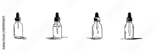 Dropper Bottles Doodle Sketch Set. Essential Oil, Serum, And Liquid Dispensing In Hand Drawn Style Collection. Apothecary And Skincare Illustration. Isolated Vector Illustration