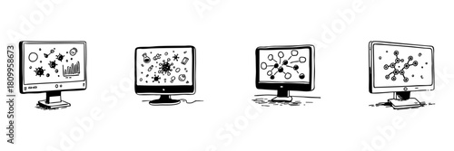Computer Screens With Scientific Data Doodle Sketch Set. Data Analysis, Molecular Research, And Scientific Visualization In Hand Drawn Style Collection. Isolated Vector Illustration