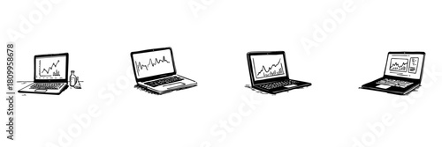 Laptops With Graphs Doodle Sketch Set. Data Analysis, Financial Trends, And Market Research In Hand Drawn Style Collection. Business And Technology Visualization. Isolated Vector Illustration