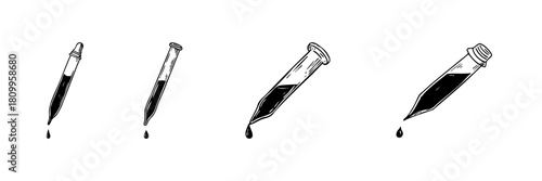 Dropping Pipette Doodle Sketch Set. Laboratory Liquid Handling And Chemical Experimentation In Hand Drawn Style Collection. Scientific Research And Analysis. Hand Drawn Isolated Vector Illustration