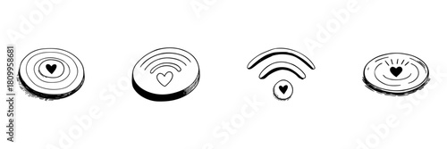 Heart And Wi-Fi Signal Doodle Sketch Set. Love And Connectivity Symbolism In Hand Drawn Style Collection. Expressing Emotional Connection And Digital Communication. Isolated Vector Illustration