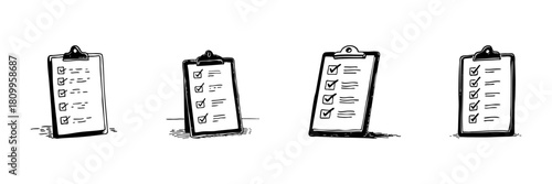 Checklist Clipboard Doodle Sketch Set. Task Management, Organization, And Productivity Enhancement In Hand Drawn Style Collection. Efficient Planning And Goal Tracking. Isolated Vector Illustration