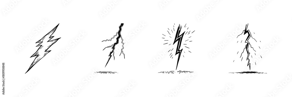 Fototapeta premium Lightning Bolt And Thunder Strike Doodle Sketch Set. Energy, Power, And Electricity Symbolism In Hand Drawn Style Collection. Weather Phenomenon And Dynamic Force. Isolated Vector Illustration