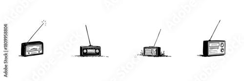 Vintage Radio Doodle Sketch Set. Retro Broadcasting And Communication Devices In Hand Drawn Style Collection. Classic Radio Designs With Antennas. Isolated Vector Illustration