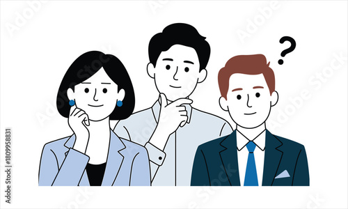 Three thoughtful business people ponder, while one considers a question mark above him