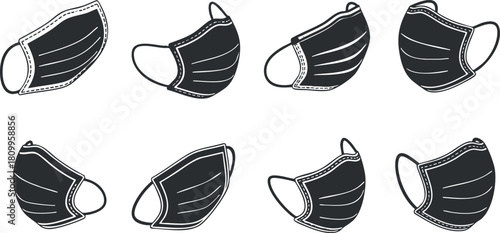 Collection of black and white vector illustrations of various face masks for health and safety applications