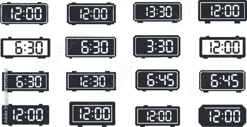 Set of minimalist black and white vector illustrations of digital alarm clocks displaying various times for design projects
