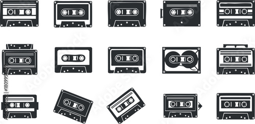 Retro black and white vector illustration set of cassette tapes for music and audio design projects