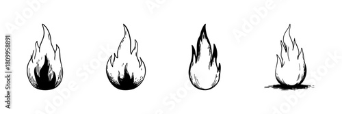 Flame Doodle Sketch Set. Fire Element Symbolizing Energy, Passion, And Transformation In Hand Drawn Style Collection. Isolated Vector Illustration