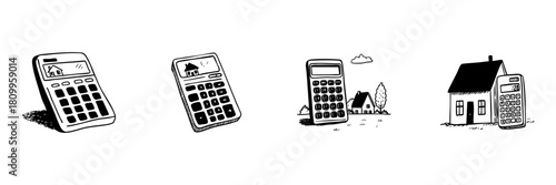 Calculator And House Doodle Sketch Set. Real Estate Financial Planning And Mortgage Calculation In Hand Drawn Style Collection. Home Budgeting And Property Investment. Isolated Vector Illustration