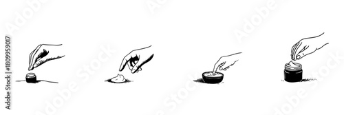 Hand Applying Cream Doodle Sketch Set. Skincare Routine And Moisturizing Techniques In Hand Drawn Style Collection. Beauty And Personal Care Illustration. Isolated Vector Illustration