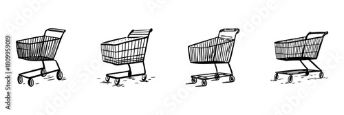 Shopping Cart Doodle Sketch Set. Retail And E-Commerce Symbol In Hand Drawn Style Collection. Supermarket And Grocery Store Concept. Isolated Vector Illustration
