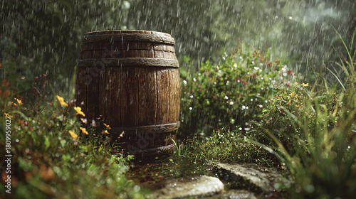 Wallpaper Mural A rustic wooden barrel sits in a tranquil garden, enveloped by a gentle rainfall. The scene evokes a sense of peace and natural beauty, with water droplets adding a touch of enchantment Torontodigital.ca