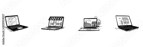Laptops With Online Storefronts Doodle Sketch Set. E-Commerce, Digital Retail, And Online Shopping Concepts In Hand Drawn Style Collection. Virtual Marketplace. Isolated Vector Illustration