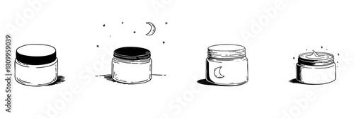 Night Cream Jar Doodle Sketch Set. Skincare, Moisturizing, And Beauty Routine In Hand Drawn Style Collection. Moon And Stars Theme. Hand Drawn Isolated Vector Illustration