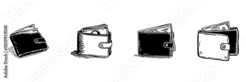 Wallet With Money Doodle Sketch Set. Financial Management, Cash Handling, And Personal Finance In Hand Drawn Style Collection. Budgeting And Savings Concept. Hand Drawn Isolated Vector Illustration