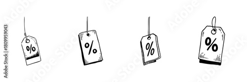 Hanging Discount Tags Doodle Sketch Set. Retail Promotion And Sale Percentage Labels In Hand Drawn Style Collection. Marketing And Shopping Concept. Isolated Vector Illustration