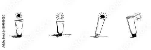 Sunscreen Tube With Sun Icon Doodle Sketch Set. Sun Protection And Skincare Awareness In Hand Drawn Style Collection. Uv Defense And Summer Care. Hand Drawn Isolated Vector Illustration