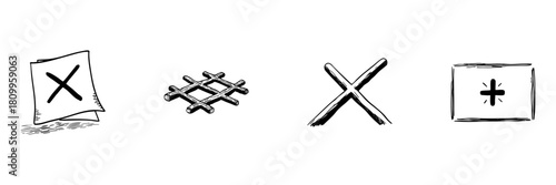 Hand-Drawn Mathematical Symbols Doodle Sketch Set. Mathematical Operations And Symbols In Hand Drawn Style Collection. Includes Plus, Cross, And Grid Icons. Isolated Vector Illustration